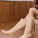 Coutgo Womens Slouchy Knee High Boots Low Kitten Heel Square Toe Tall Boots Fall Winter Shoes (Beige, M)