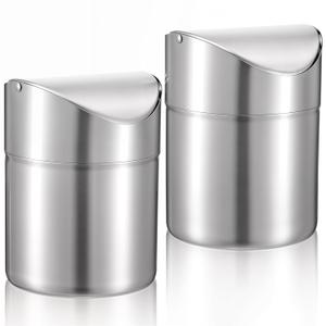 MAQUITA 2 Pcs Desk Trash Can with Swing Lids, 2L Brushed Stainless Steel Countertop Garbage Bin Small Wastebasket with Lid for Office Desk, Coffee Table