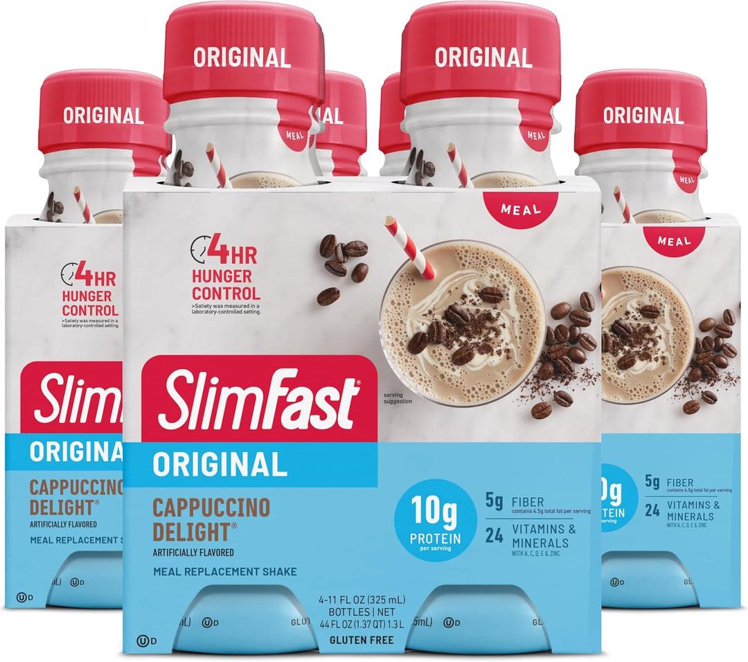 SlimFast Meal Replacement Shake, Original Cappuccino Delight, 10g of Ready to Drink Protein for Weight Loss, 11 Fl. Oz Bottle, 4 Count (Pack of 3) BBD: 11-15-2025