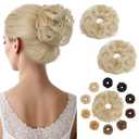 Hairro Human Hair Messy Bun, 100% Real Ponytail Hair Scrunchies, Natural Curly Chignon Fluffy Donut Updo, Hairpiece with Elastic Rubber Band for Women, 2 Count Bleach Blonde Wavy