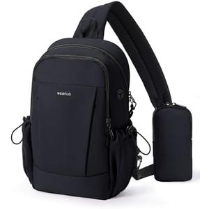 ECOHUB Anti-Theft Crossbody Bag Men Women, RFID Blocking Lightweight Sling Backpack Eco-Friendly with 9 Pockets Sturdy SBS Zippers Water Resistant for Travel Work Hiking Outdoor, Black