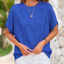 PRETTYGARDEN Women's Tops 2025 Summer Casual Crewneck Short Sleeve Textured Shirts Going Out Work Blouse Basic Tunic Top (Blue, L)