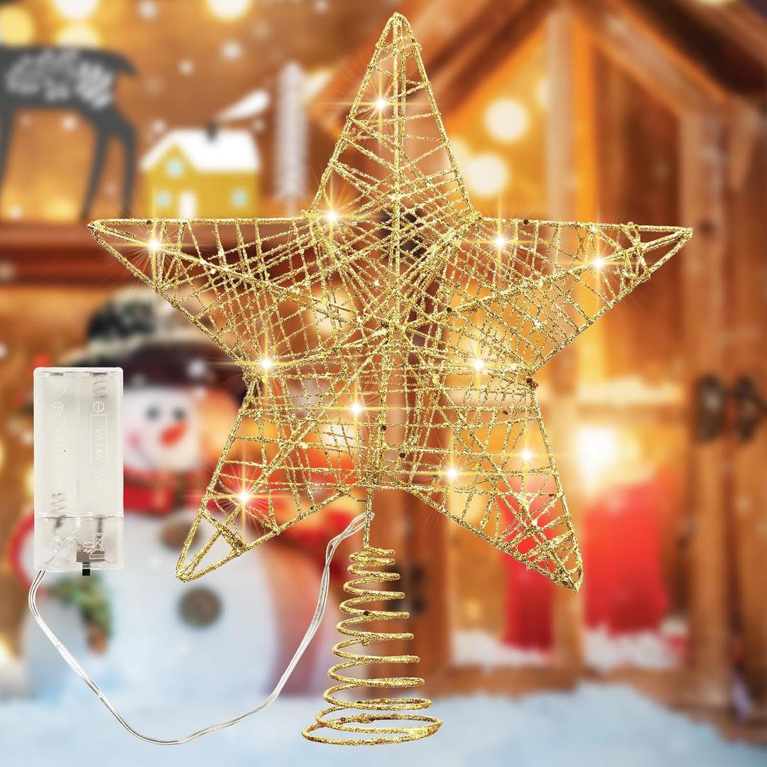 CALCHELE 10Inch Christmas Tree Topper Star with LED Lights, Tree Toppers Christmas Tree Decoration, Glittered Metal Christmas Star for Christma Tree Ornament Decor