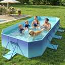 HeySplash Foldable Pool, Non-Inflatable Swimming Pool with Rigid Puncture-Proof Hard Composite Board, Kiddie Pool Outdoor Pool, Adults & Kids Pool for Backyard Garden Dog Pool 114"70"19", Ice Blue