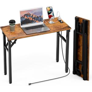 TEMI Small Computer Desk Folding Table - No Assembly, Compact 35.8" Foldable Desk with Power Outlets & USB Charging Port, Portable Small Office Desk, Ideal Mini Study Table for Narrow Spaces, Brown