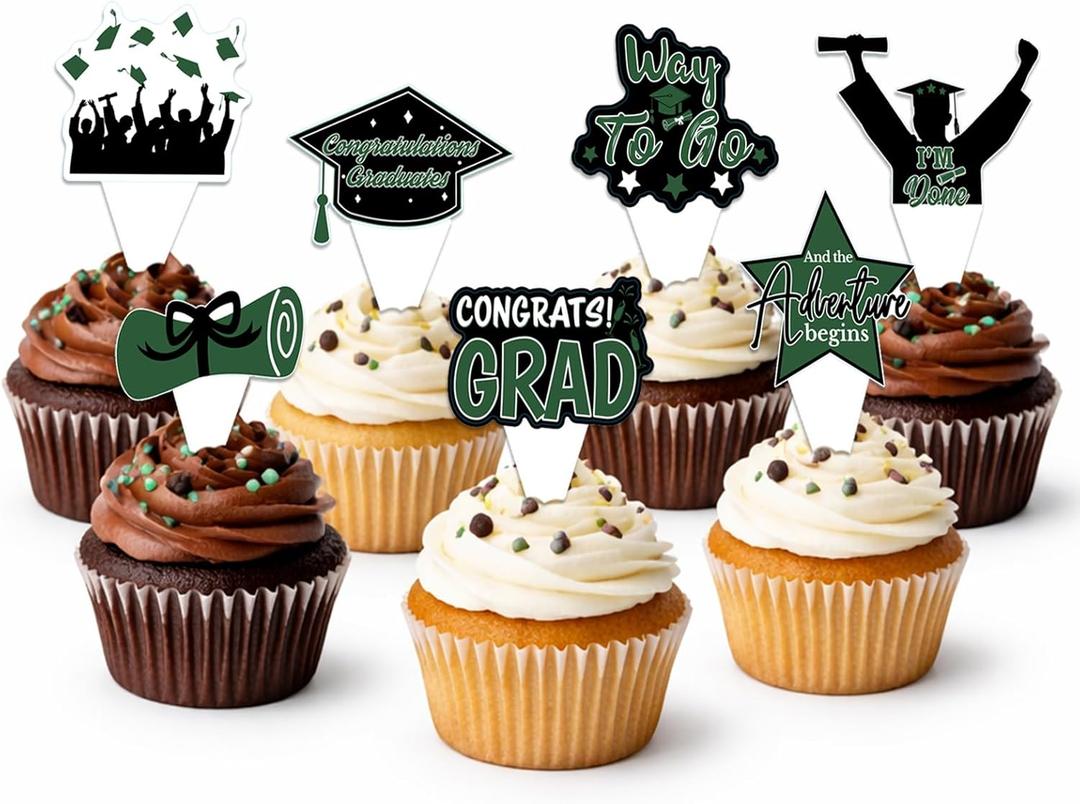 4 x 42pcs Graduation Cupcake Toppers Class of 2026 Paper Cupcake Picks Grad Cap Diploma Picks for Dessert Food Pizza Decorations (Green white)