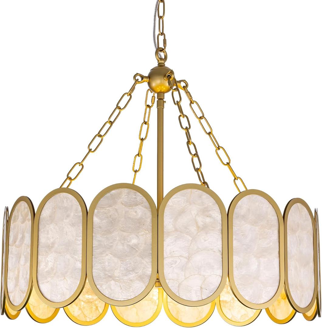 Wellmet Gold Drum Chandelier Coastal, Natural Capiz Shell Chandeliers for Living Room, Round Boho Lighting Fixture Ceiling Hanging for Dining Room, Bedroom, Kitchen Island, Foyer