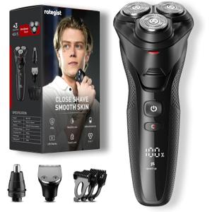 Electric Razor for Men, rategist Rechargeable Electric Shaver, Waterproof Wet Dry Cordless Razor, Adjustable Speeds, with Nose Hair Trimmer, Sideburns Trimmer