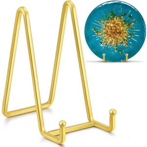 6 Inch Metal Square Wire Plate Stands for Display - Gold 2 Pack Holder Stand + Picture Frame Easel for Book, Decorative Plaque, Photo, Platter