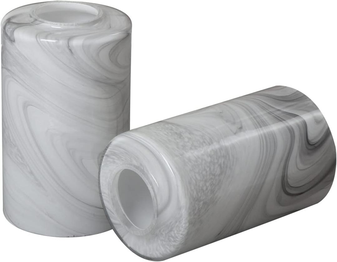 2 Pack White Marble Glass Cylinder Lamp Shade with 1 5/8 inch Fitter, Light Fixture Replacement Globe Cover for Chandelier, Wall Sconce, G0083 (White Grey Cloud)