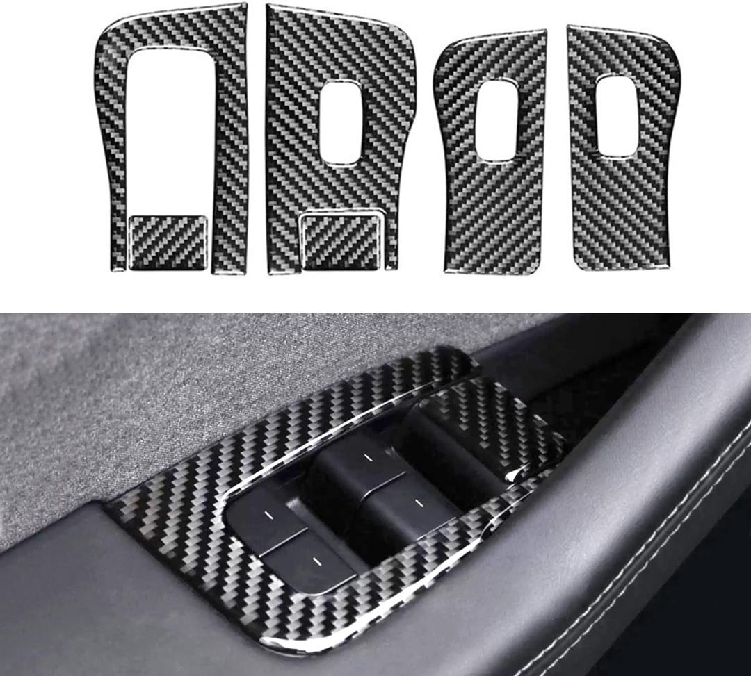 Door and Window Switch Control Panel Cover, Suitable for Tesla 3/Y Models, Carbon Fiber Interior Accessories (Glossy Carbon Fiber Pattern, 2017-2023 M3/2021-2024 My)
