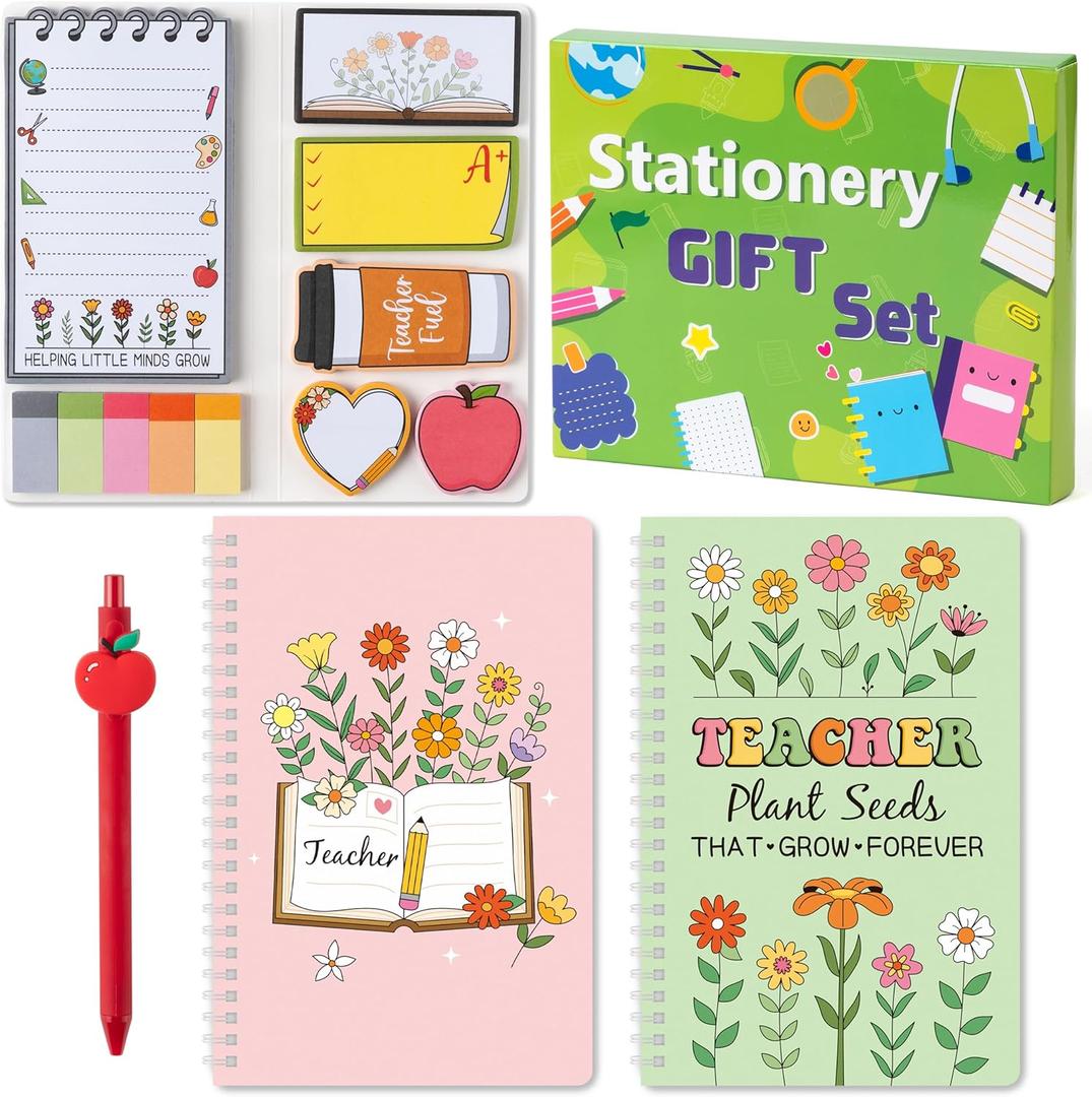 Xqumoi Wildflowers Teacher Sticky Note Stationery Gift Set - 2 Pack A5 Notebooks, Self-Stick Notepad, Gel Ballpoint Pens, Floral Teacher Appreciation Thank You School Office Christmas Gift with Box