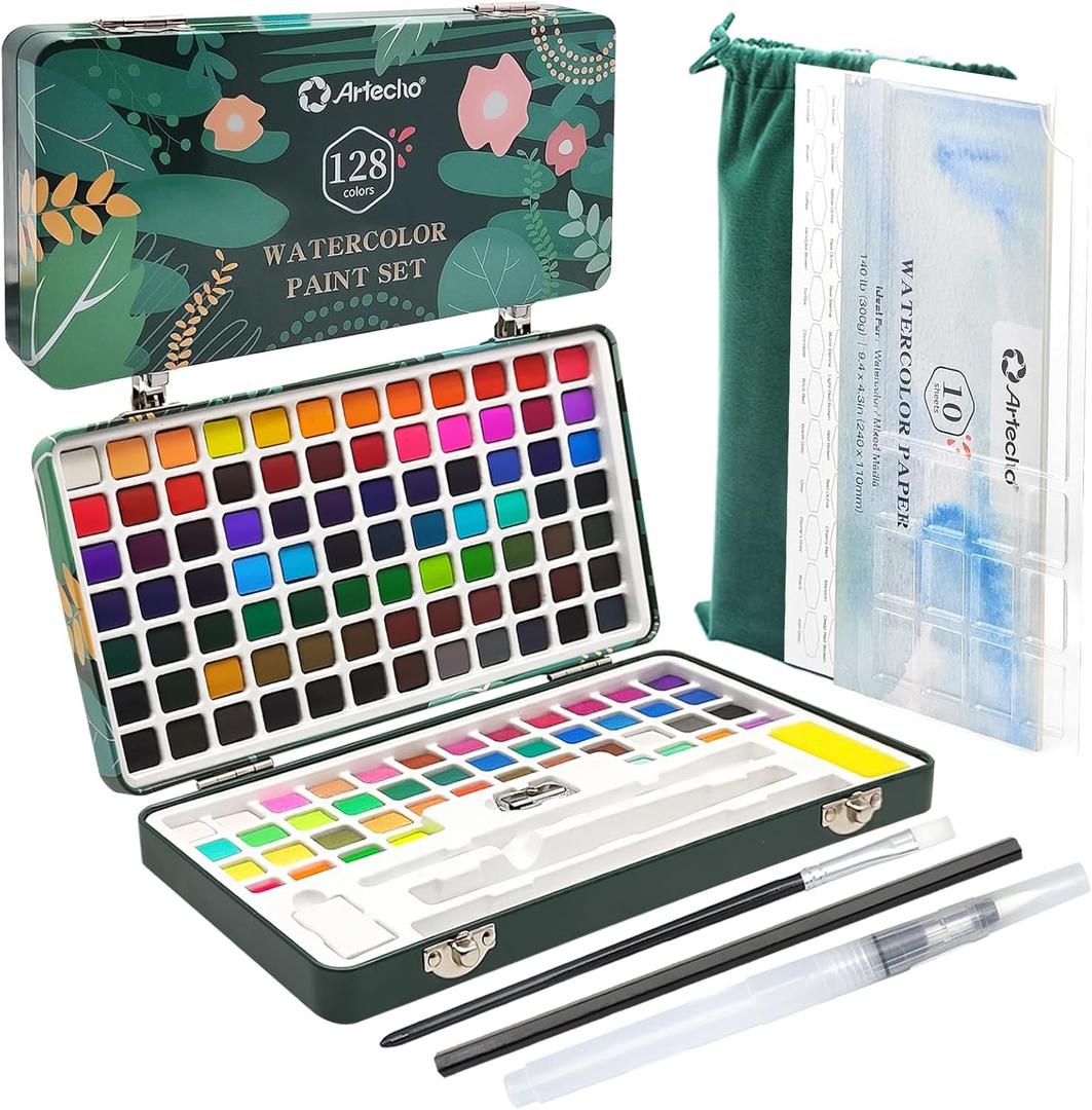 Artecho Watercolor Paint Set 128 Colors, Water Colors Paint Adult Set with Watercolor Papers and Brushes, Perfect Watercolor Kit for Beginners & Professionals