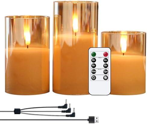 GenSwin Rechargeable LED Flameless Flickering Glass Candles with Remote Timer, Battery Operated Pillar Candles Long Lasting Gold Real Wax USB Candle (D 3”×H 4”5”6”)