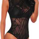 SEBOWEL Women Long Sleeves Mesh See Through Jumpsuit Bodysuit Top Leotard (Large, 12# Black)