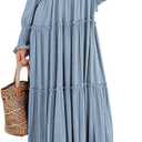 R. Vivimos Maxi Dress for Women Long Sleeve V Neck Empire Waist Layered Ruffle Boho Casual Flowy Long Dresses (Haze Blue) XL