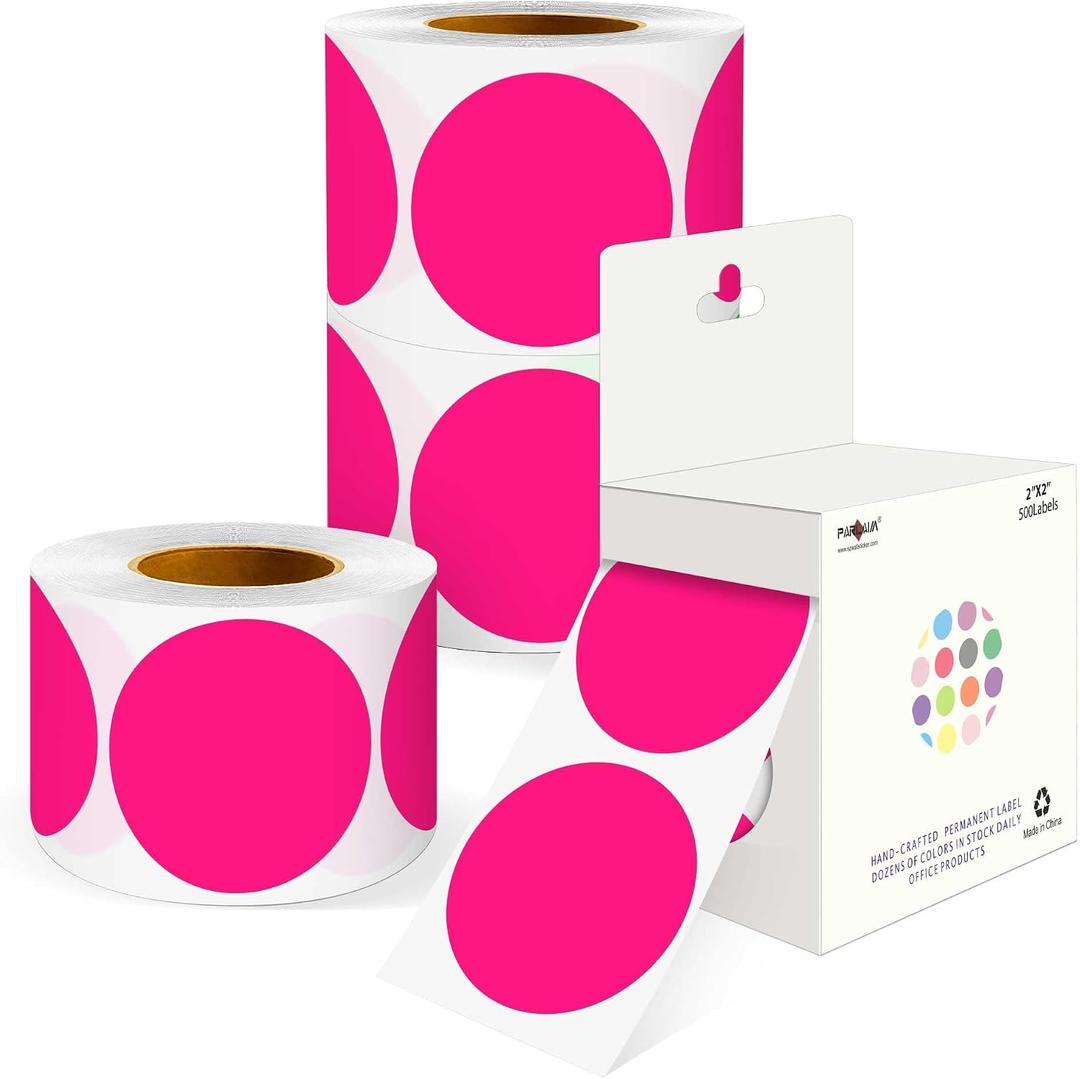 PARLAIM 2 inch Round Color-Code Dot Sticker Labels, 4 Rolls 2000 Adhesive Label Pack in Dispenser Box, Fluorescent Pink