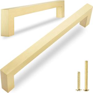 QOGRISUN 5 Pack Solid Brass Cabinet Pulls, 6-1/4 Inch Hole Center, Brushed Matte Gold Square Drawer Handles, Modern Brass Hardware for Kitchen Dresser Bathroom Cupboard Furniture