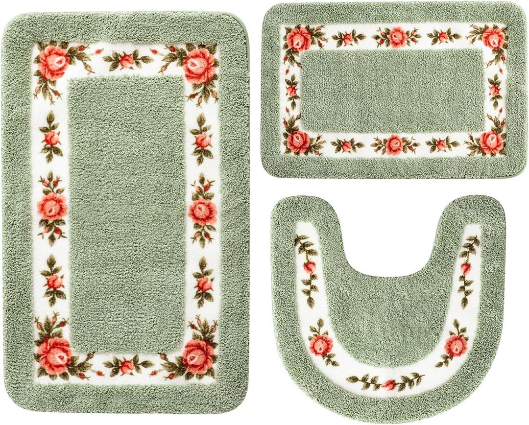 3 Pcs Rose Flowers Bathroom Rugs Set Coquette Room Decor Floral Rugs for Bathroom Bedroom Living Room, Floral Bath Mat Non Skid Romantic Rose Flower Area Rugs 3 Shapes(Green)