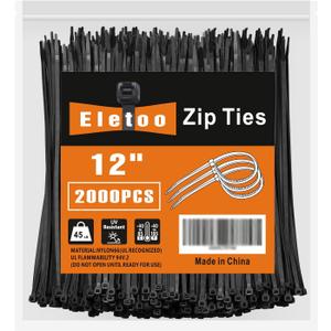12 Inch Black Zip Ties (2000 Pack), 45 LBS Tensile Strength, Self-Locking Nylon PA66 UV Resistant Cable Ties for Indoor and Outdoor Use