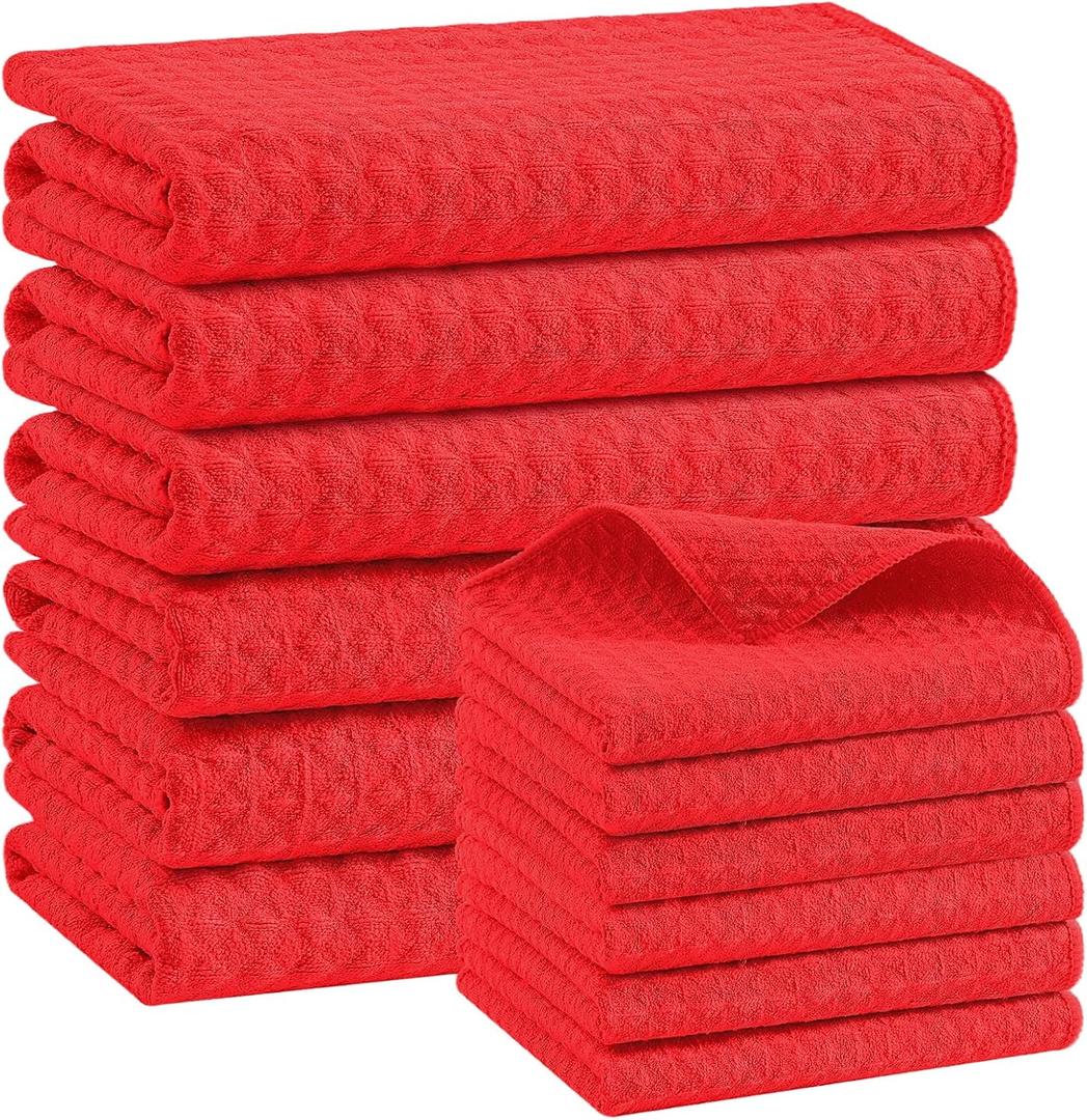 Homaxy Microfiber Waffle Weave Kitchen Towels Set, 16 x 28 Inch and 12 x 12 Inch Ultra Absorbent and Solid Color Dish Towels, 12 Pack, Red