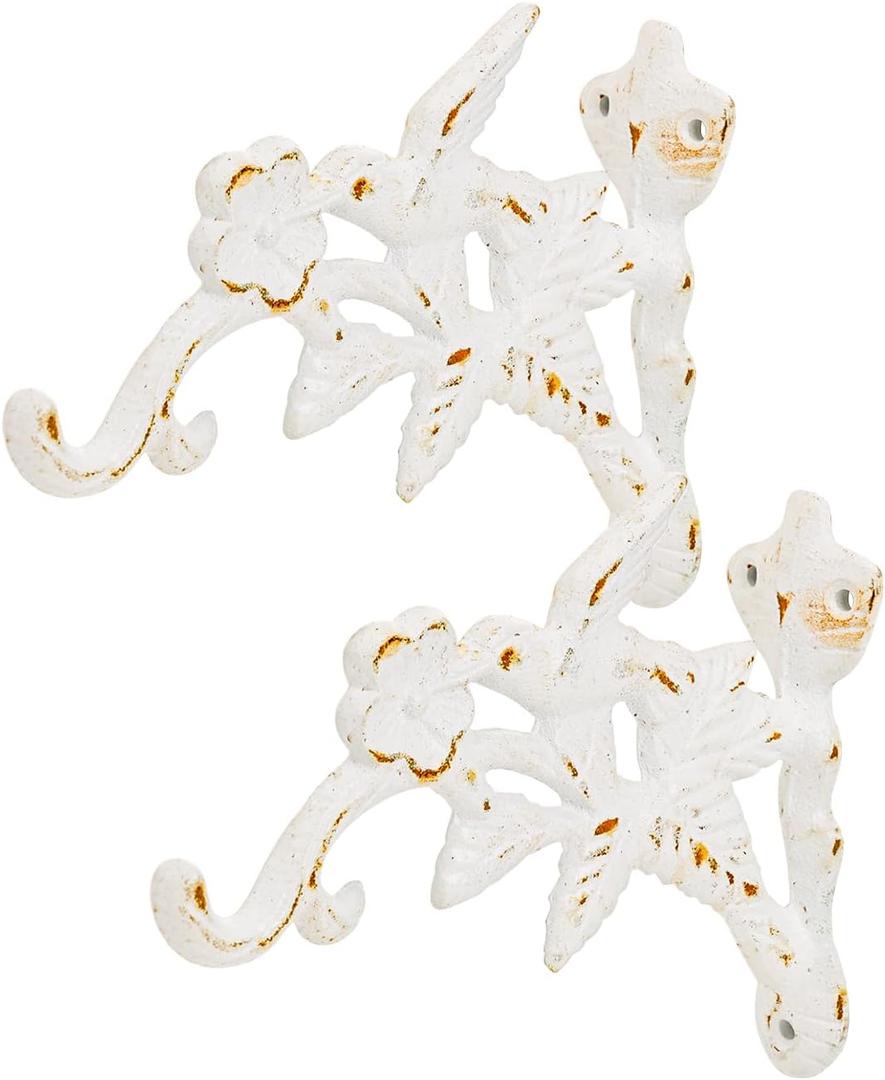 Sungmor Cast Iron Hanging Plant Brackets Decorative Plant Hanger, 2 Pack White Wall Mounted Flower Pot Hooks, Outdoor Bird Feeder Hanger, Vintage Garden Hooks for Wind Chimes, Lanterns, Birdhouse