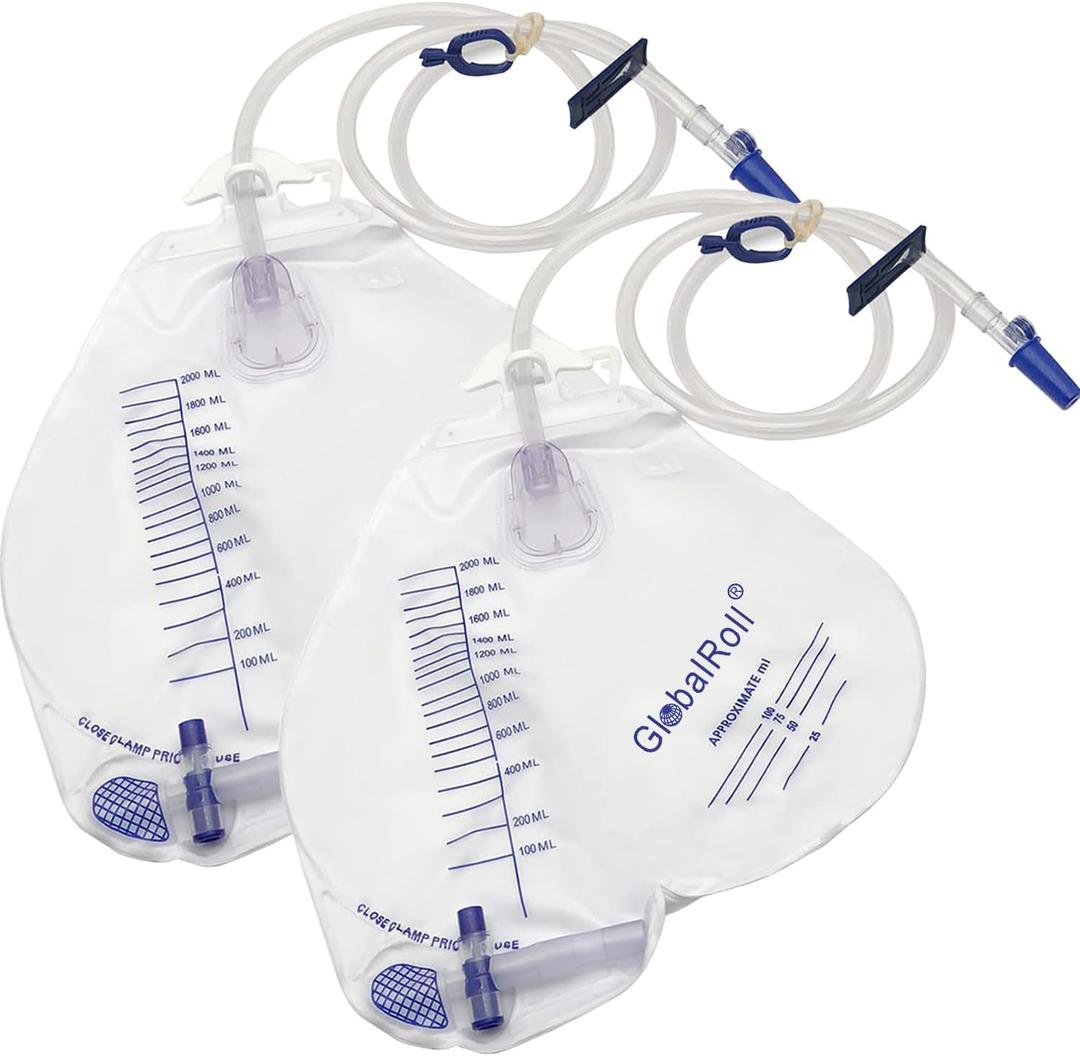 Urinary Drainage Bag with Anti-Reflux Chamber, Urine Bag with 2000 mL Volume, 48" Drainage Tube, Clips and Hanging Hook, Professional Urinary Bag for Home and Hospitals Health Aids, 2 Pack