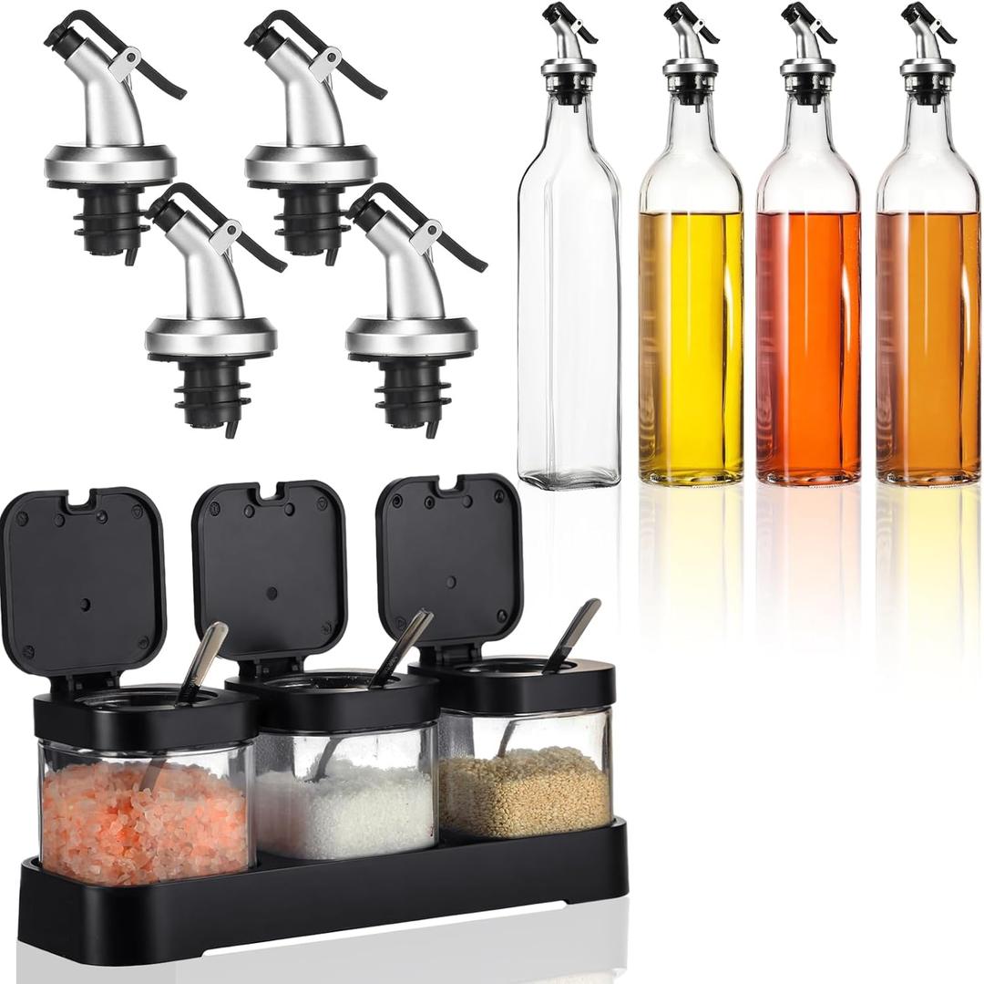 7 Pcs Salt Sugar Container and Oil Dispenser for Kitchen Gift Set, 8.6 oz Clear Glass Condiment Canisters Pots with Lid and Spoon 17 oz Glass Oil Bottle for Countertop, Coffee Bar