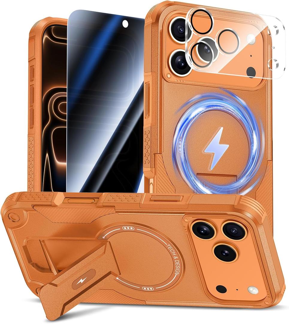 Goton for iPhone 17 Pro Max Case with Privacy Tempered Glass Screen Protector & Camera Lens Protector, Compatible with MagSafe, Invisible Kickstand, Shockproof Phone Cover, Orange