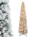7 FT Pre-Lit Slim Christmas Tree Flocked Decoration with Pine Needles & Lights