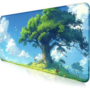 Simple and Cute Anime Landscape Computer Mouse Pad, Large Green Plant Outdoor Landscape Office Desk Pad, 35.4 x 15.7 x 0.12 Inch Sewn Edge Non Slip Rubber Base Mouse Pad
