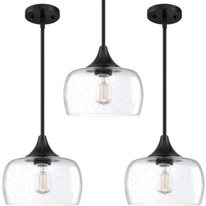 3 Pack 1 Light Hanging Indoor Kitchen Island Pendant Ceiling Light 9" Drum Clear Seeded Glass Shade Fixture,Black Finish Modern Farmhouse Dinning Over Sink Adjustable Rod