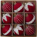 2 x 3.15inch Burgundy Velvet Christmas Ornaments Balls Flocked Christmas Tree Glittering Plastic Balls Xmas Hanging Ornaments 9 Pcs-Red