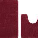 Bathroom Rug Set 2Piece, Thick &Soft Microfiber Shaggy, U Shaped Contour, Machine Washable Bath Mats, Absorbent Bath Rugs, Non-slip Rubber Backing Bath Mat for Bathroom Floor, Tub and Shower, Burgundy, 2 Piece: 20" X 20" + 20" X 32"