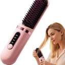 Cordless Hair Straightener Brush - Portable Hair Brush Straightener Cordless for Travel - 300 Million Negative Ions for Frizz-Free Shine, Touch Up On-The-Go,Type-C Rechargeable,Fast Heating (Pink)