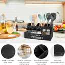 RedCall Extra Large Kitchen Utensils Holder 4 Compartments,Wood Utensil Organizer for Kitchen Countertop,Farmhouse Cooking Utensil Holder with Spice Storage space (Black)