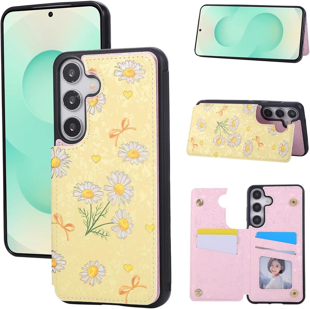 UEEBAI Wallet Case for Samsung Galaxy S25 Plus 5G with Card Holders, PU Leather Cover Kickstand RFID Blocking Double Magnetic Clasp Rilievo Flower Flip Case for Women Girls - Yellow Daisy