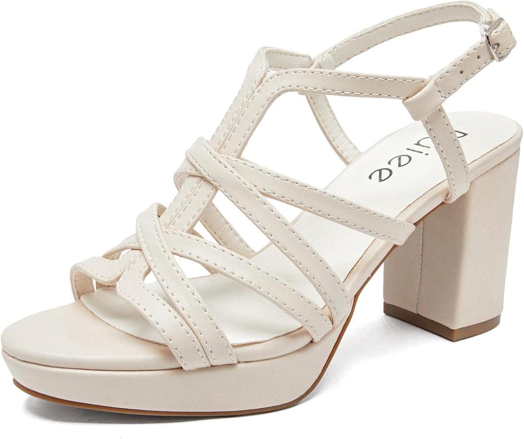 Women's Platform Heels Chunky Heeled Sandals, Ankle Strappy Round Open Toe Dressy Shoes Wedding Party High Pump Heels for Women. (9.5, Nude 093)