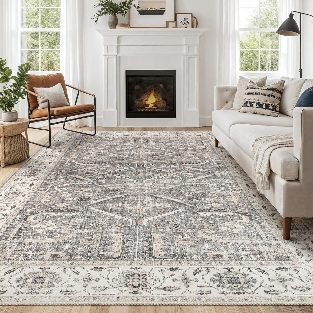 Area Rug 10x14 Washable Vintage - Soft Traditional Rug for Living Room Bedroom Dining Room or Home Office -Non Slip Backing Large Rugs with Low Pile Farmhouse Oriental Retro Carpet- Gray (Grey)