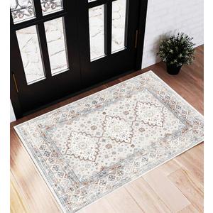 Area Rug 2x3 Washable Rug Door Mat Vintage Distressed Doormat Indoor Entrance Traditional Thin Floral Print Non Slip Carpet for Kitchen Bathroom Bedroom Living Room (Blue and Gray)