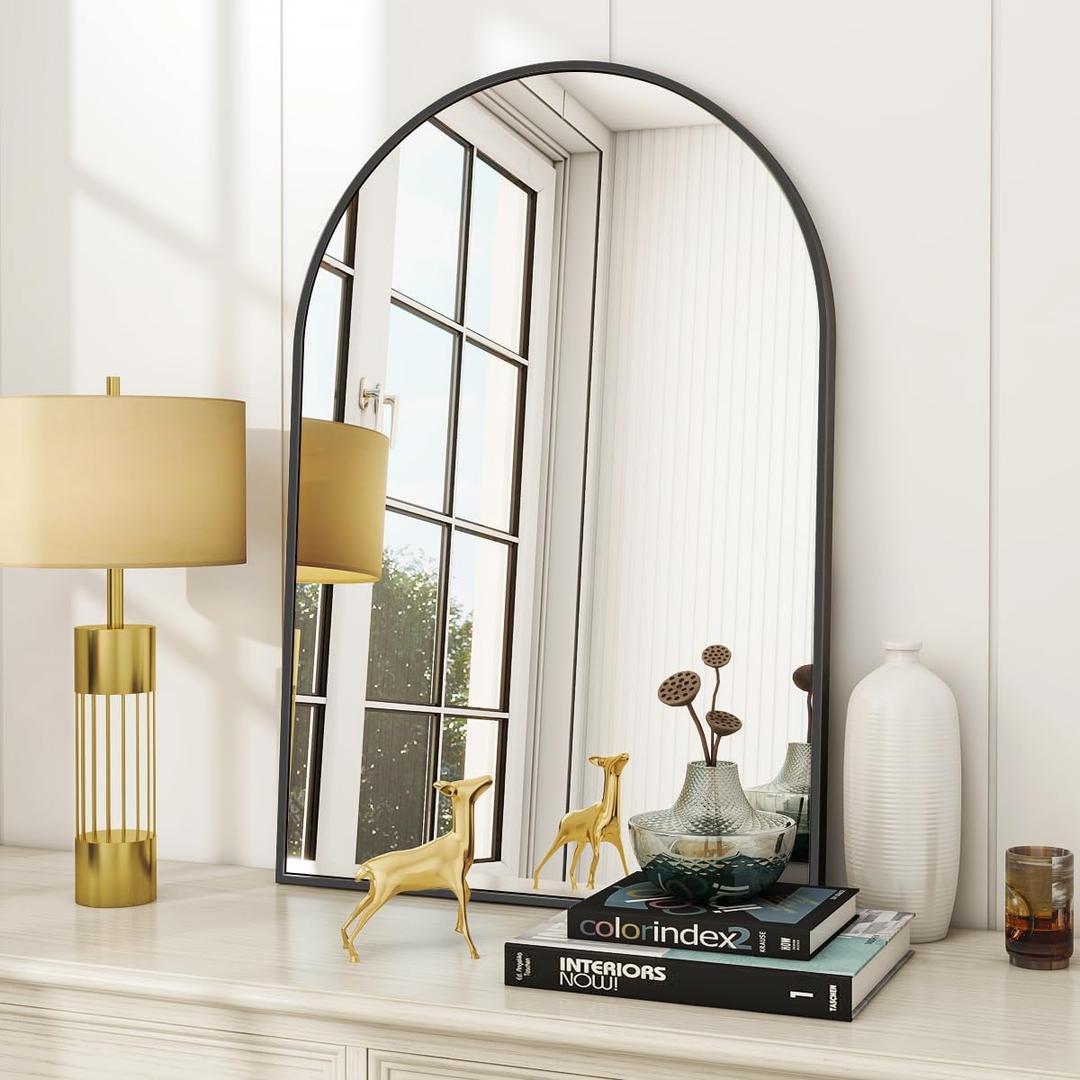 Arched Wall Mirror, 24 x 36 inch Arch Bathroom Mirror, Wall Mounted Vanity Mirror with Arch Metal Frame, Modern Bathroom Vanity Mirror for Bedroom, Living Room, Hanging or Leaning, Black (36"L x 24"W)
