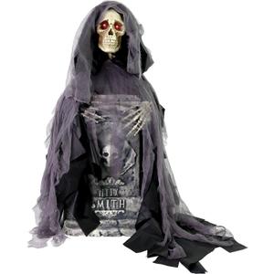 Haunted Hill Farm 3-Ft Rising Reaper with Tombstone, Halloween Accessory, Creepy Horror Movie Skeleton Prop, Spooky Occult Skull Dcor, Scary Indoor Party Decoration, Touch-Activated Lights & Sound