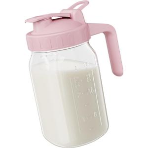 Breast Milk Pitcher Jug - 32 oz Glass Mason Jar Airtight Pitcher with Pour Spout Handle for Breastmilk, Iced Tea, Ice Drinks Storage ContainerPink