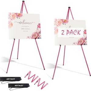 ARTASY 63" Easel Stand for Wedding Signs, Posters, Portable Artist Easel for Painting Canvas, Tripod for Home and Office, Supports 5 lbs-Pink 2/Pack