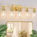 Indoi 5-Light Bathroom Light Fixture, Modern Brushed Gold Bathroom Lights Over Mirror with Clear Glass Globe Shades, Vanity Lighting Fixtures for Kitchen, Living Room, Hallway, Bedroom, Porch