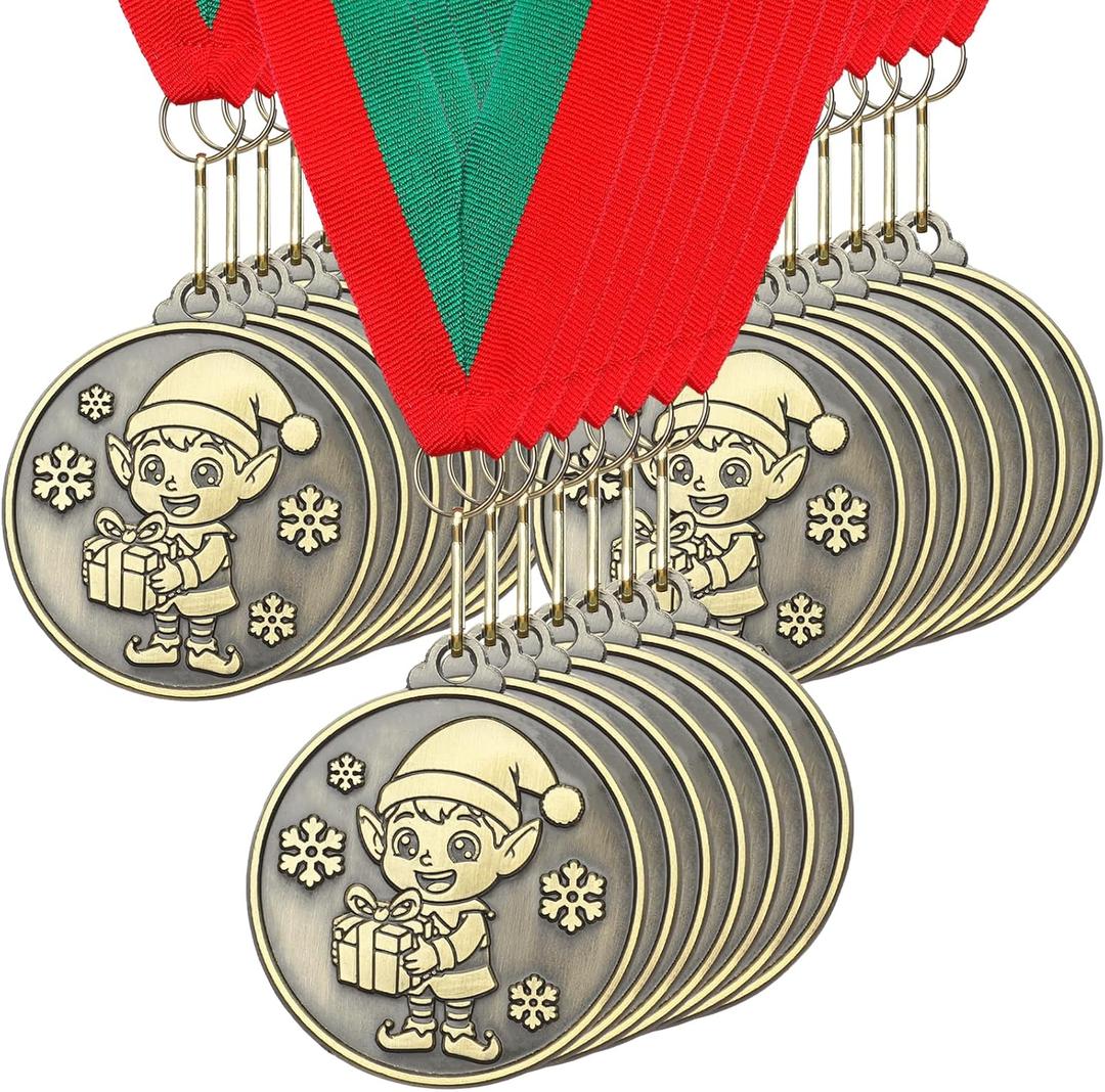 30 Pcs/60 Pcs Christmas Medals Award Bulk 2" Gold Silver Christmas Medals Santa Run Reindeer Snowman Elf Gingerbread Man House Tree Trophy Awards for Xmas Party Ornament Favor Gift Prize
