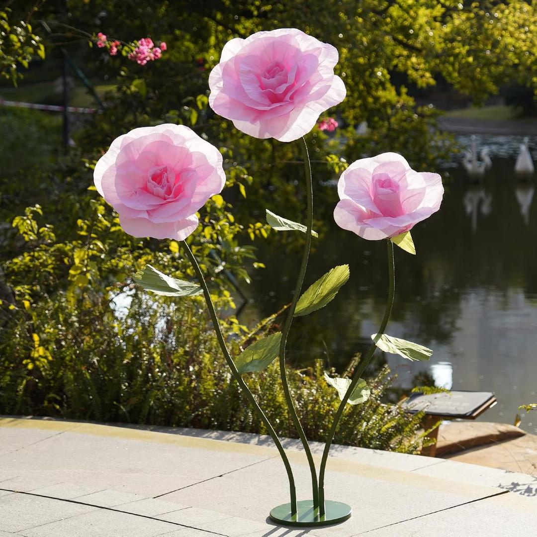 ZEYEXE Giant Roses Artificial Flowers for Decoration with Stand,Oversized Handmade Paper Rose Decoration for Wedding,Party,Window Display,Photography Prop,Valentine’s Day & Event Decor(Pink)