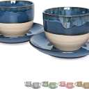 Bosmarlin Ceramic Cappuccino Cup and Saucer Set of 2, 10 Oz, Coffee Cups for Latte, Espresso, Tea, Dishwasher and Microwave Safe, Reavtive Glaze (Deep Blue)