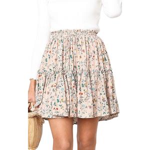 Hibluco Women' Floral Layered Ruffles Tie up High Waist Short Pleated Skirt (Pink, M)