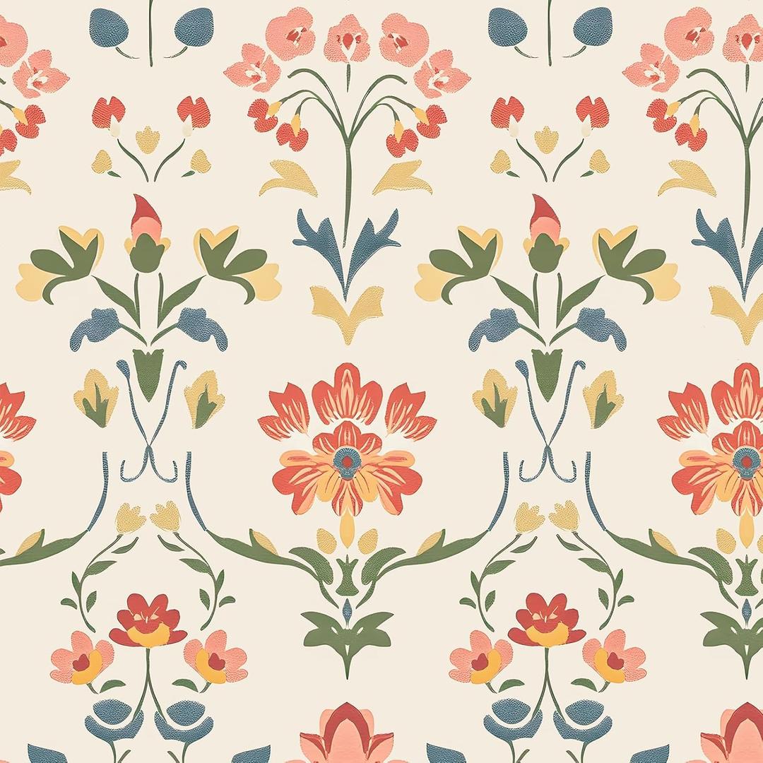 Peel and Stick Wallpaper Beige Floral Boho  Extra Long Self-Adhesive Removable Waterproof Contact Paper for Cabinet Bathroom Bedroom Modern Vintage Wall Decor 17.5In x 393In (Red/Yellow)